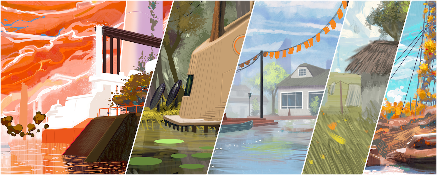 An illustration made up of partial, colorful images of five types of landscapes. From left to right: a monumental building and waterfall on the bank of a river; a small outpost or hut suspended above a swamp; a suburban scene where roads have been flooded or replaced with canals; a grassy village with a thatched-roof dwelling; and a tower in a desert with plants snaking up its side.